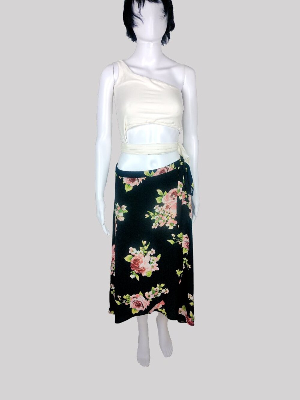 Bobeau Black/Pink Floral Elastic Waist Maxi Wrap Women's Skirt